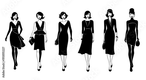 Black  White Fashion Silhouettes: Elegant Women in Dresses