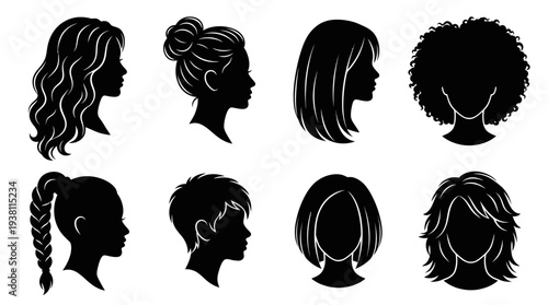Diverse Black  White Silhouettes of Women's Hairstyles, Haircuts
