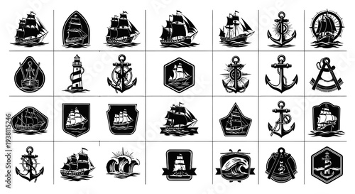 Nautical vector icons: Ships, anchors, lighthouses, waves, black  white