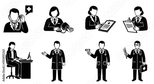 Medical icons set, doctors, healthcare symbols, Black and white glyphs