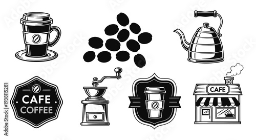 Black and White Vector Icons of Coffee Shop and Cafe Elements