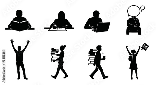 Education Black and White Icons: Reading, Studying, Success