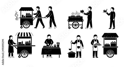 Food Truck Vendors, Street Food Stalls, Vector Icons