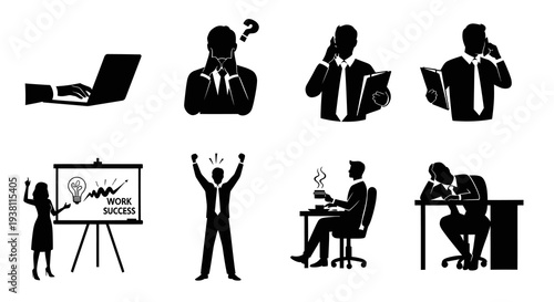 Business Icons: Laptop, Thinking Man, Presentation, Success, Phone, Tired