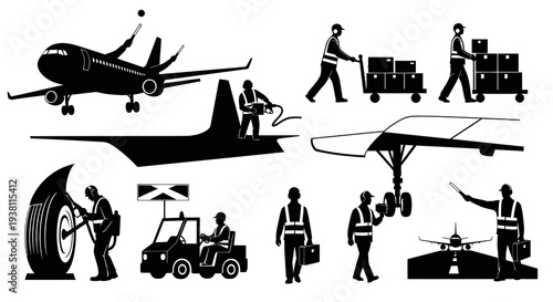 Airport Ground Crew and Airplane Service Icons in Black and White