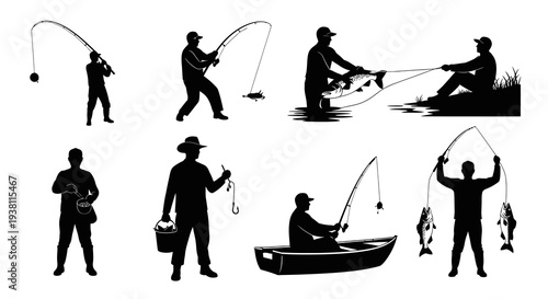 Black and White Silhouettes of Fishermen with Fishing Rods and Catch