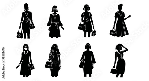Black Silhouette Women Fashion Outfits Holding Handbags Vector Art