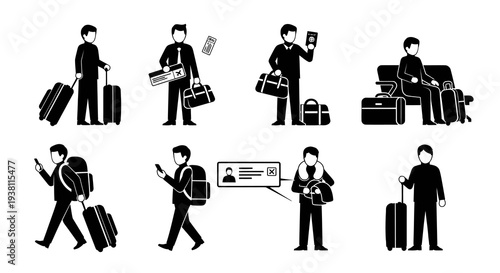Black  White Glyph Icons of People with Luggage at Airport