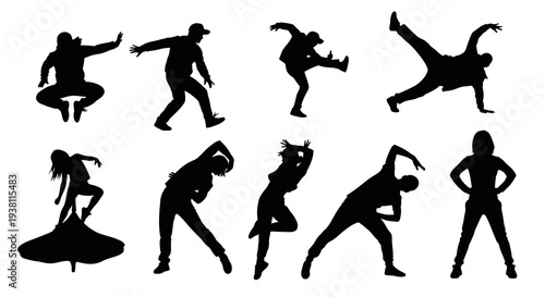 Black Silhouette Dancers in Various Hip-Hop Poses, Vector Art