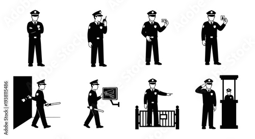Security Guard Icons: Black and White Glyph Style Collection