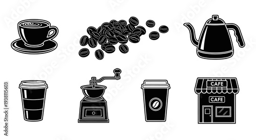 Black and White Coffee Icons Set: Cup, Beans, Kettle, Grinder, Cafe, Cup