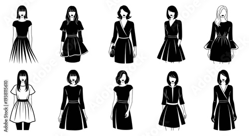 Black and white line art of women in dresses, fashion illustration