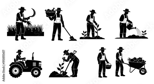 Farming Black and White Silhouette Icons: Agriculture, Harvest, Tractor, Planting