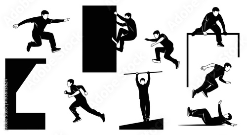 Black  White Parkour Silhouettes: Action  Movement
