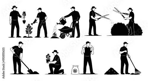 Gardening Icons Set, Black and White Line Art, Vector Illustration