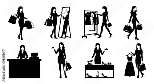 Black  White Glyph Icons of Women Shopping and Fashion