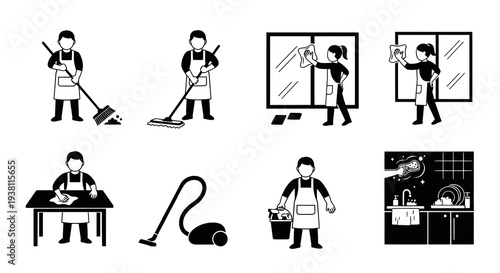 Cleaning Icons: People with Mop, Broom, Vacuum, Dishes, Windows