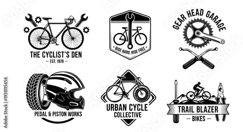 Vintage Bicycle Logos and Emblems in Black and White Line Art