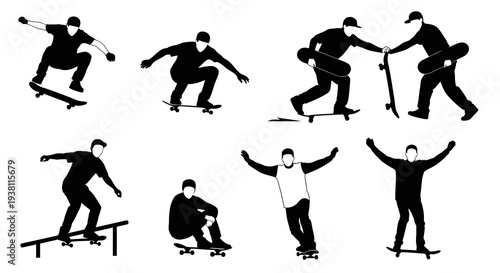 Skateboarder Silhouettes: Action Sports, Dynamic Poses, Vector Art