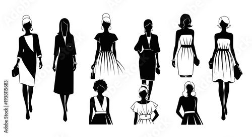 Fashionable Women Silhouettes: Elegant Business Attire, Black and White Design
