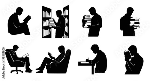 Silhouettes of People Reading Books in Various Poses