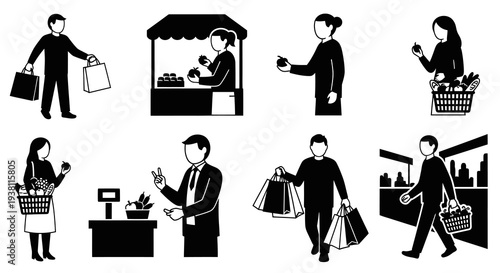 Black  White Grocery Shopping and Produce Stall Icons