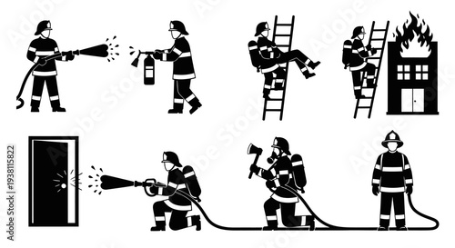 Firefighter Icons Set Black White Vector Art Style