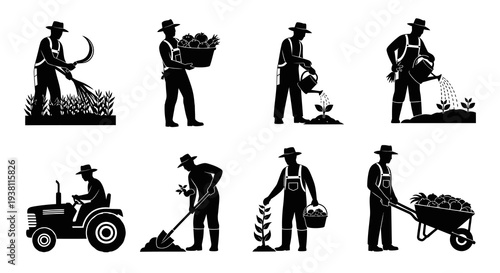 Farmer Silhouette Icons - Agriculture, Harvest, Farming Activities