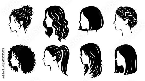 Black and White Silhouettes of Women's Hairstyles, Vector Art