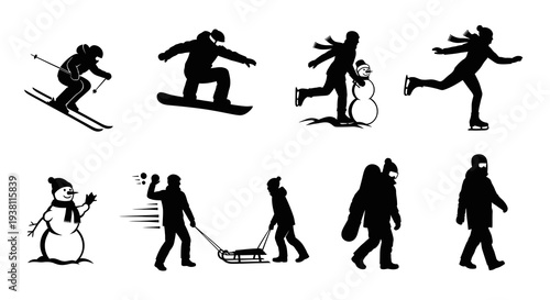 Winter Sports Silhouettes: Skiing, Snowboarding, Skating, Sledding, Snowman