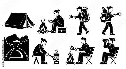 Camping Icons Black and White Glyph Style Vector