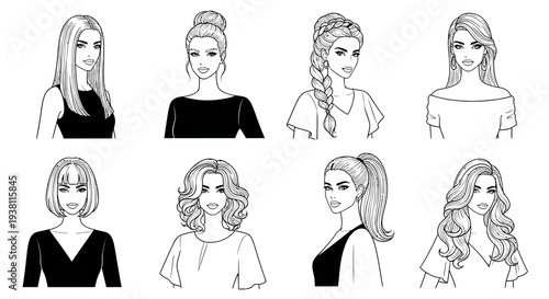 Black and White Line Art of Diverse Female Hairstyles and Styles