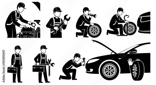 Automotive Mechanic Icons: Black and White Vector Art