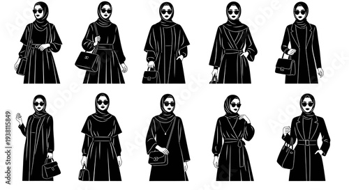 Black and White Line Art of Muslim Women in Hijab Fashion
