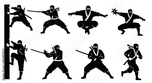 Black Ninja Silhouettes - Martial Arts Action Poses