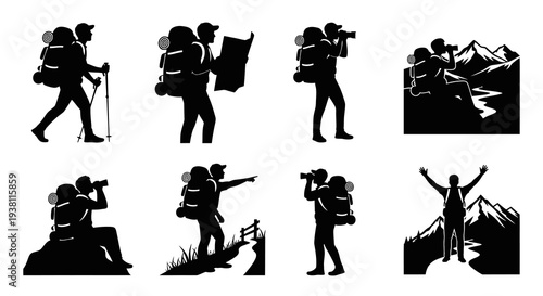 Hiking Silhouette Icons: Adventurer, Photographer, Mountain, Travel, Exploration