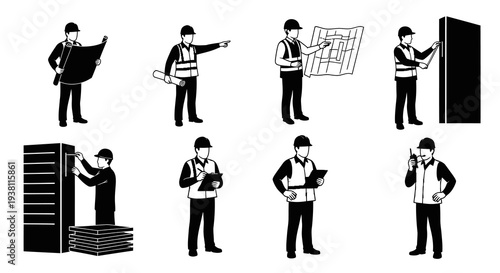 Construction worker icons: blueprints, plans, building, communication