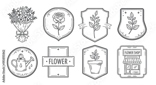 Black and White Line Art Flower Shop Icons and Elements