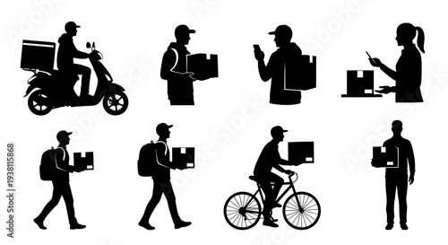 Delivery Service Icons: Scooter, Bike, Walker, Cyclist, Woman
