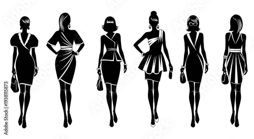 Fashionable Women Silhouettes: Chic Dresses, Purses, and Accessories