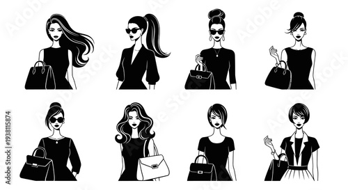 Fashionable Women With Handbags Black and White Line Art
