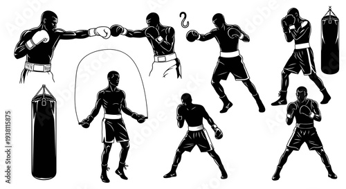 Boxing Black  White Line Art Vector - Fighters, Punching Bag, Jump Rope