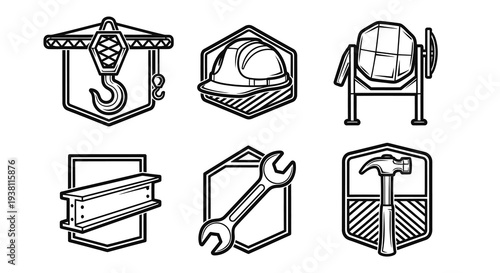 Construction Icons: Crane, Hard Hat, Mixer, Beam, Wrench, Hammer - Line Art