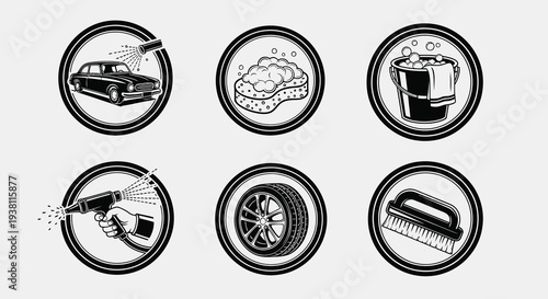Black and White Car Wash Icons Set: Car, Sponge, Bucket, Tire, Brush