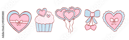 Valentine heart cupcake balloon ribbon bow pastel pink blue cute illustration vector border decoration love romance