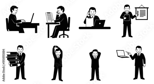Business Man Icons: Office Work, Presentation, and Organization