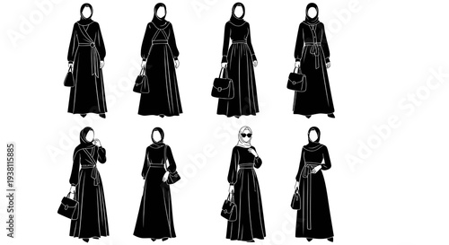 Black  White Line Art Abaya Fashion Collection with Handbags