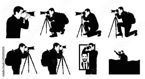 Photographer Silhouettes: Diverse Poses with Camera and Tripod