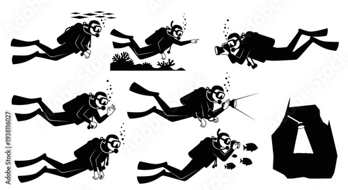 Black and white divers exploring underwater cave with light, glyph style