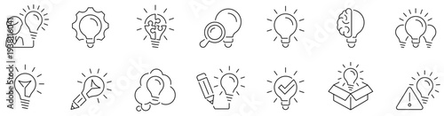 Creativity icons. Innovation icon set. Idea lightbulb. Brainstorming. Creativity lamp. Design thinking. Imagination. Process. Invention. Editable stroke. Vector illustration